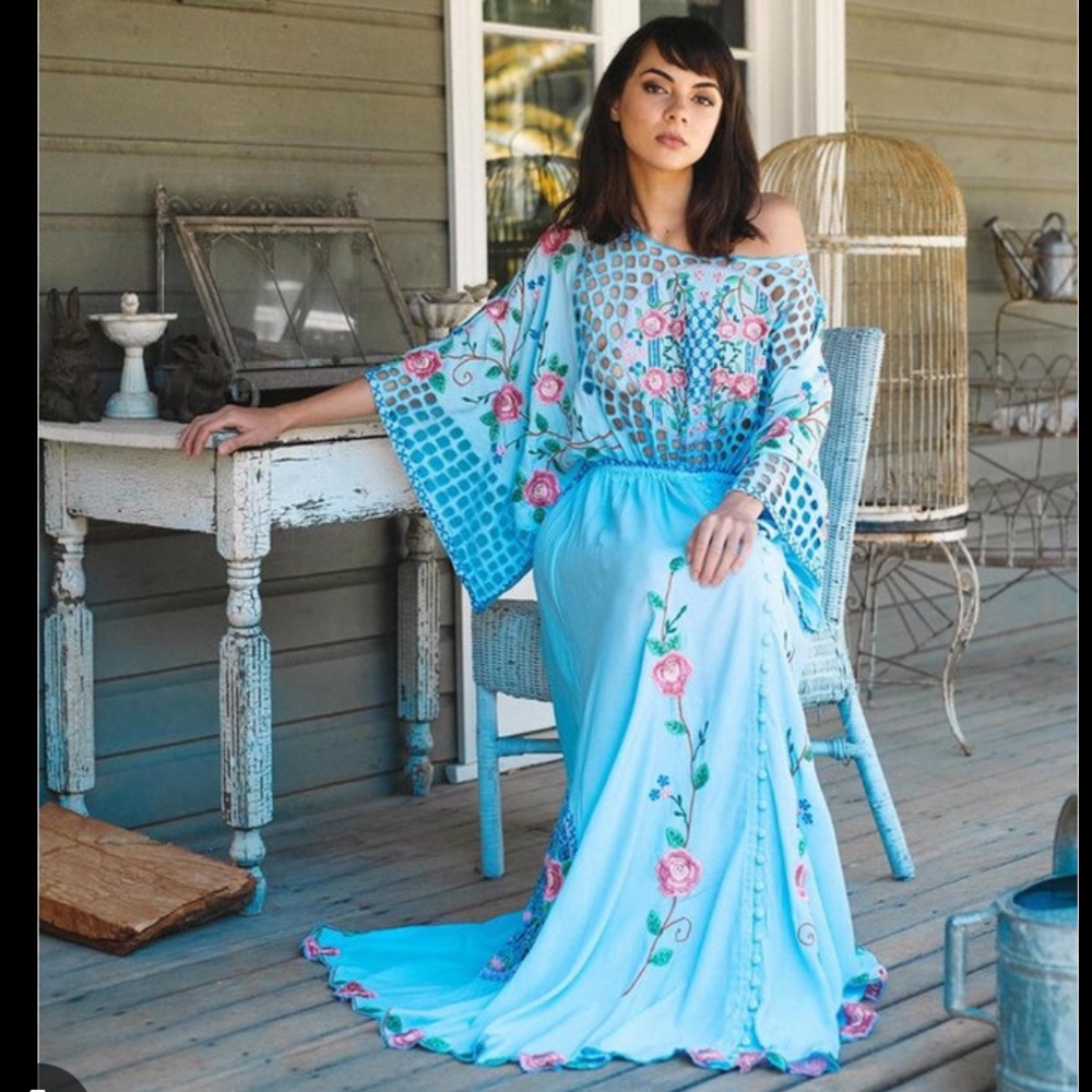 EUC Stunning Fillyboo Maternity Dress color blue with pink embroidery